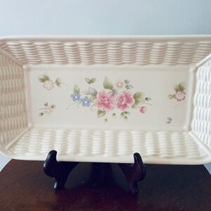 Vintage Pfaltzgraff Tea Rose ceramic serving tray with basketweave design